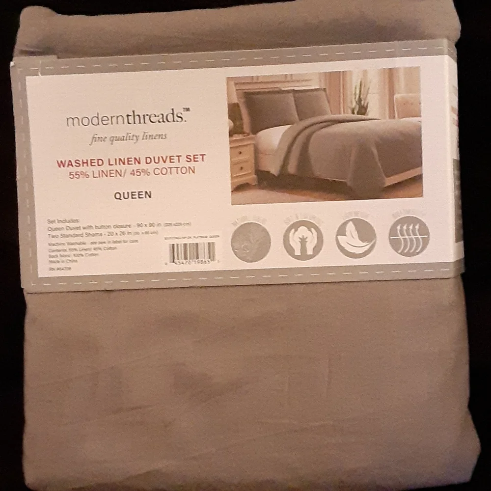 Modern Threads Platinum Natural Fiber washed linen duvet set Queen NEW 90x90
